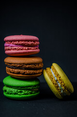 Colorful macarons cakes. Small French cakes. Sweet and colorful french macaroons.