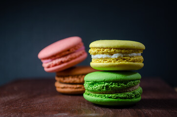 Colorful macarons cakes. Small French cakes. Sweet and colorful french macaroons.