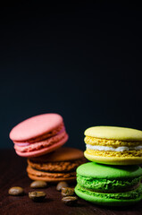 Colorful macarons cakes. Small French cakes. Sweet and colorful french macaroons.