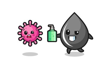 illustration of oil drop character chasing evil virus with hand sanitizer