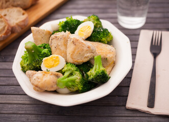 pieces of fried chicken breast with boiled broccoli and quail eggs on plate for lunch