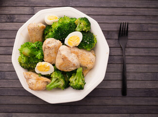 chicken breast with broccoli and quail eggs on plate for healthy dinner. top view