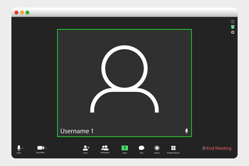 Video conferencing user interface. Video call screen interface template. Application for social communication. Video conferencing window overlay. one users.