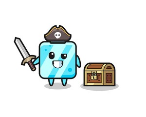 the ice cube pirate character holding sword beside a treasure box