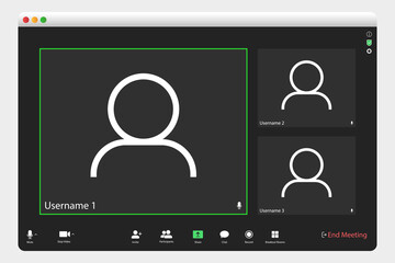 Video conferencing user interface. Video call screen interface template. Application for social communication. Video conferencing window overlay. three user.