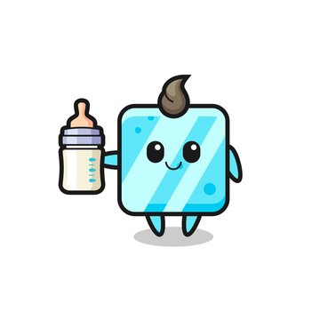 baby ice cube cartoon character with milk bottle