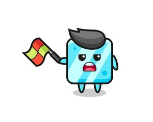 ice cube cartoon as the line judge hold the flag up at a 45 degree angle