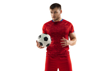 Professional caucasian football soccer player standing isolated on white studio background.