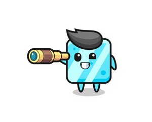 cute ice cube character is holding an old telescope