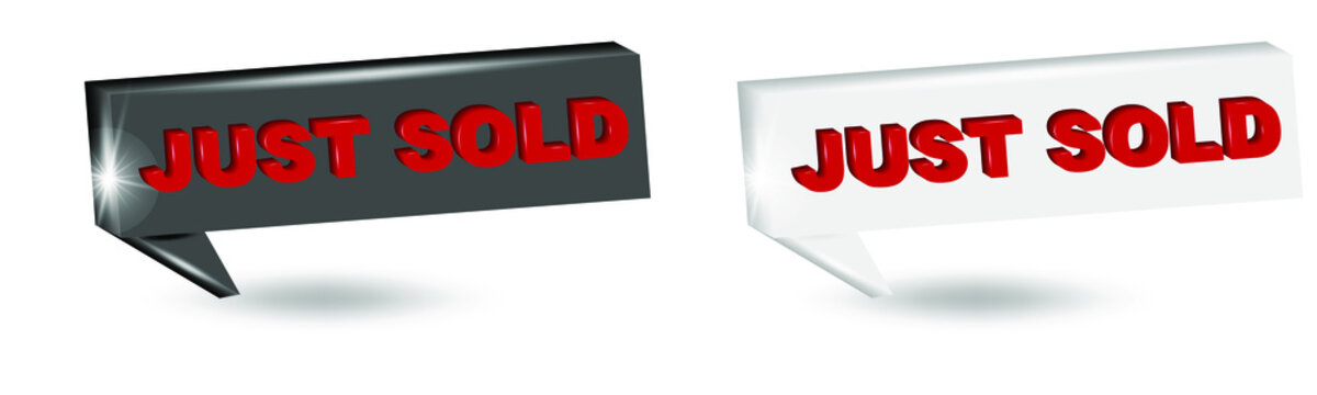 Just sold sticker or label. 3d vector in white and black colors with red text isolated on white background.