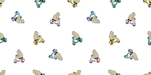 Bear seamless pattern polar bear vector riding bike paw heart cartoon motorcycle tile wallpaper doodle repeat background illustration design