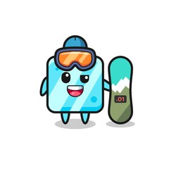 Illustration of ice cube character with snowboarding style