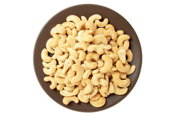 Top view of tasty cashew nuts in brown plate isolated on white background,with clipping path.