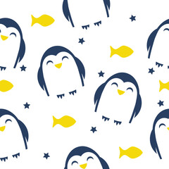 Obraz premium Seamless pattern with funny penguins, fish and stars. A simple children's pattern.