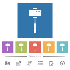 Smartphone on selfie stick back view flat white icons in square backgrounds