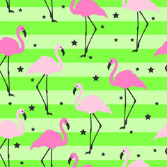 Fototapeta premium Flamingo seamless pattern on a green background. Pink flamingo vector background design for fabric and decor.
