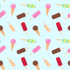 Ice cream seamless pattern. Delicious sweet desserts. Ice lolly. Abstract summer texture. Design for fabric, wallpaper, textile and decor.
