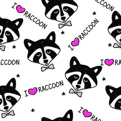 Seamless raccoon pattern in flat graphics. Raccoon vector Illustration. I love  raccoon kids background.