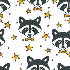 Children's seamless pattern with raccoons and stars. Hand-drawn Vector illustration. Baby pattern.