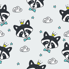 Prince of raccoon.Children's seamless pattern with raccoons, clouds, stars and flowers
Baby vector illustration.
