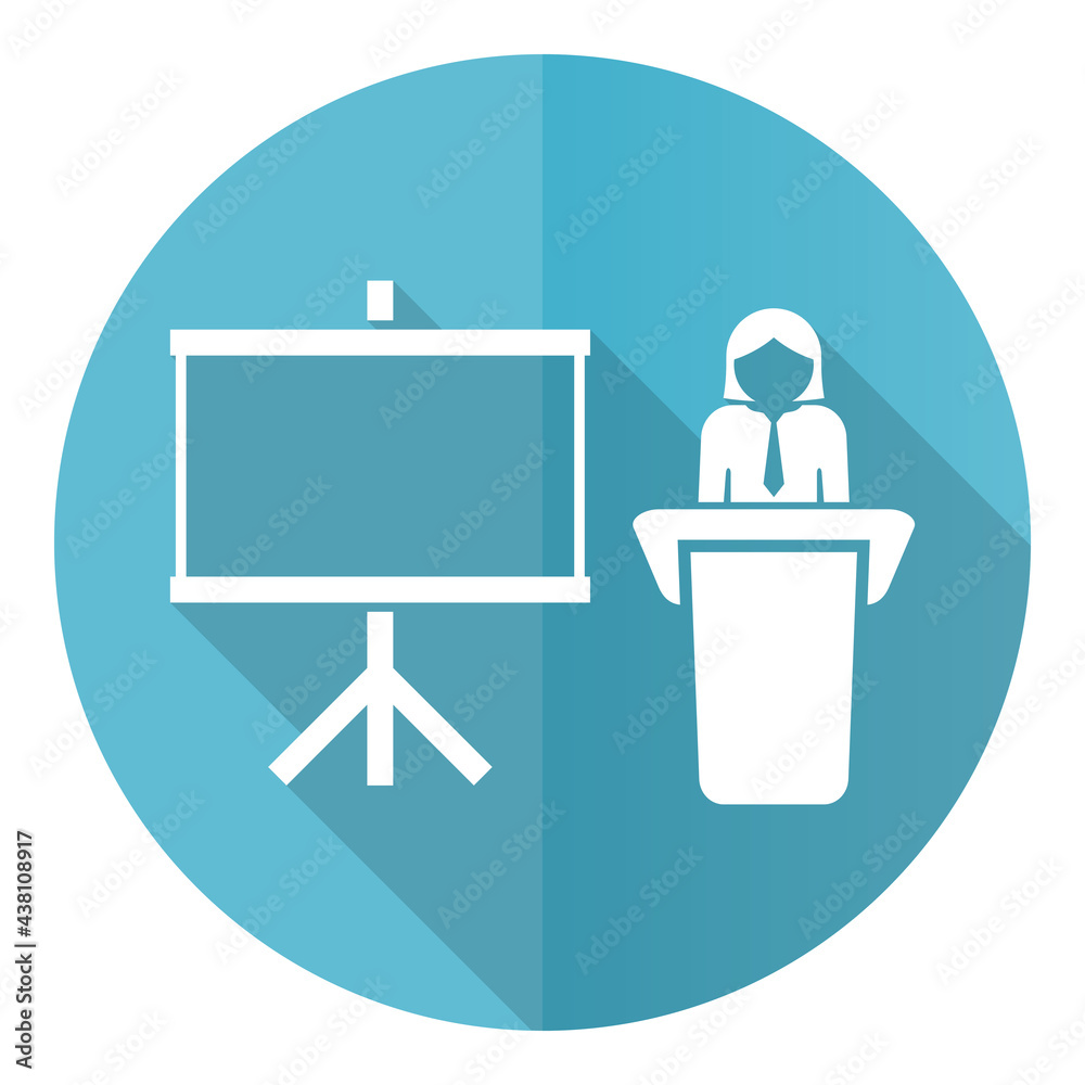 Poster seminar vector icon, flat design training symbol, round web presentation button
