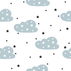Seamless pattern with clouds and stars. Cute clouds for trendy baby clothes and textiles. Children's pattern.