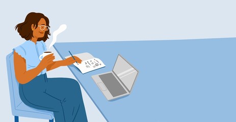 black woman with laptop, girl working from home, business woman working with a computer and a notebook