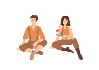 Family gardeners, farmers. Couple smiling man and young curly woman holding flowers branch. Vector stylish characters design.