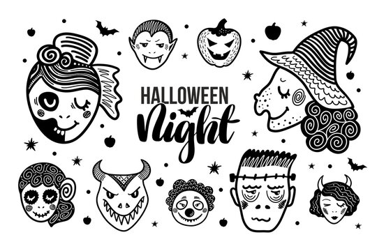 Set 10 with black and white hand drawn Halloween night characters illustrations. Vector doodle elements and lettering