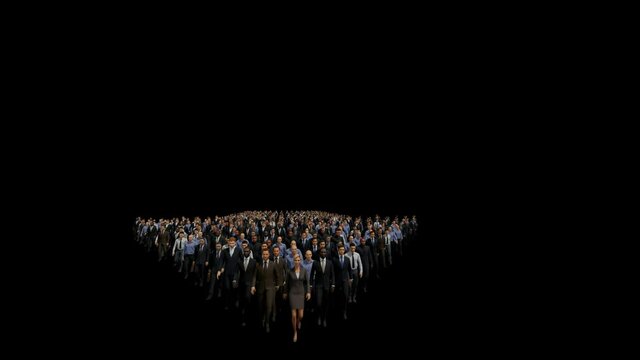Businessmen with a businesswoman in front forming arrow shape pointing right, 4K against black