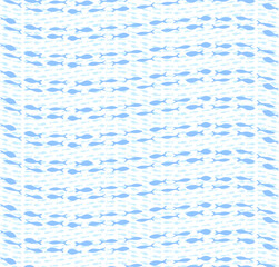 Vector seamless pattern, Fish, Sea waves, ocean life, underwater background, fish silhouettes
