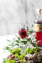 Berry alcoholic cocktail liqueur, vodka, ice and mint. Refreshing cool drink, berry liqueur or red alcoholic cocktail.