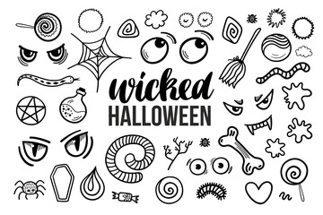 Set 2 with black and white hand drawn wicked Halloween illustrations. Vector doodle elements and lettering