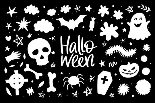 Set 1 with black and white hand drawn trick or treat Halloween illustrations, silhouettes. Vector doodle elements and lettering