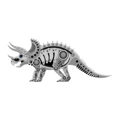 A triceratops robot in a metallic steampunk style. A cyborg dinosaur on a white background.