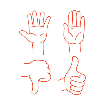 The hand shows thumbs down and a good gesture is thumbs up. The sign is good and bad. Vector illustration in a linear flat style. Isolated funny clipart on a white background. Outline logo set hands
