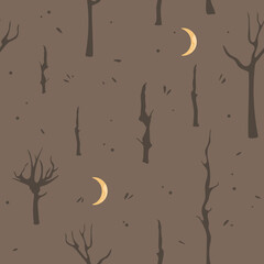 Mystical night forest, seamless pattern Landscape with bare trees and branches, moon and texture. Creepy Halloween vector illustration.