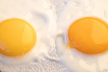 Two bright round raw yolk in finish white, cooked small fried eggs is a simple breakfast. Top view, close-up, macro