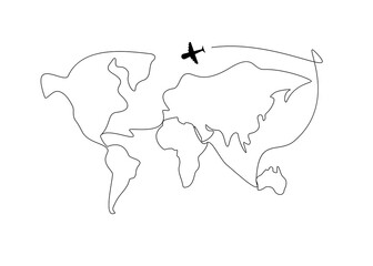 Flying around the world. The plane is flying. One line art. Peace. Planet. Continent. Without background. Vector illustration. Line drawing.