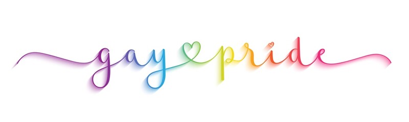 GAY PRIDE rainbow gradient vector brush calligraphy banner with swashes and heart symbol on white background
