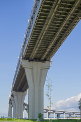 View of the rounded highway bridge from below against the blue sky. The road passing over the green embankment of the city, perspective. Controlled-access highway