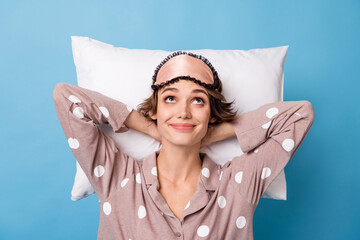 Top above high angle view photo of young girl hands behind head rest bedtime dream look empty space...