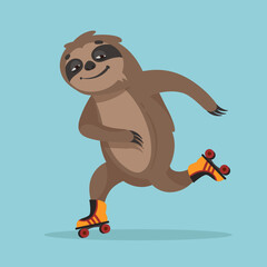 Sloth roller skating. Funny animal in cartoon style.