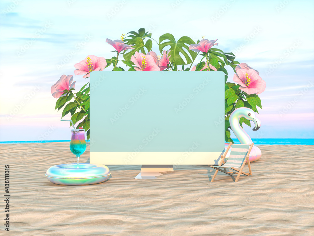 Leinwandbilder Abstract summer beach scene with desktop computer mockup background. 3d rendering.