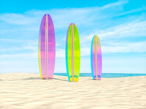 Abstract summer beach scene with surfboard background. 3d rendering.