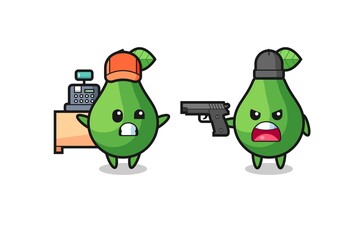 illustration of the cute avocado as a cashier is pointed a gun by a robber