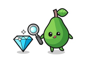 avocado mascot is checking the authenticity of a diamond