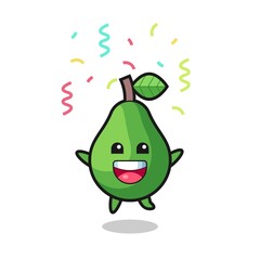 happy avocado mascot jumping for congratulation with colour confetti