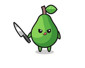 cute avocado mascot as a psychopath holding a knife