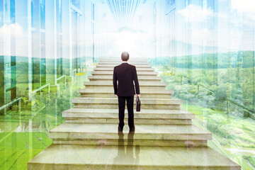 Male manager climb stairs with farmland background